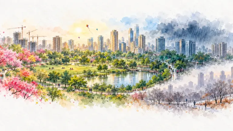 Watercolour illustration of a city skyline shown through four seasons in a circular composition