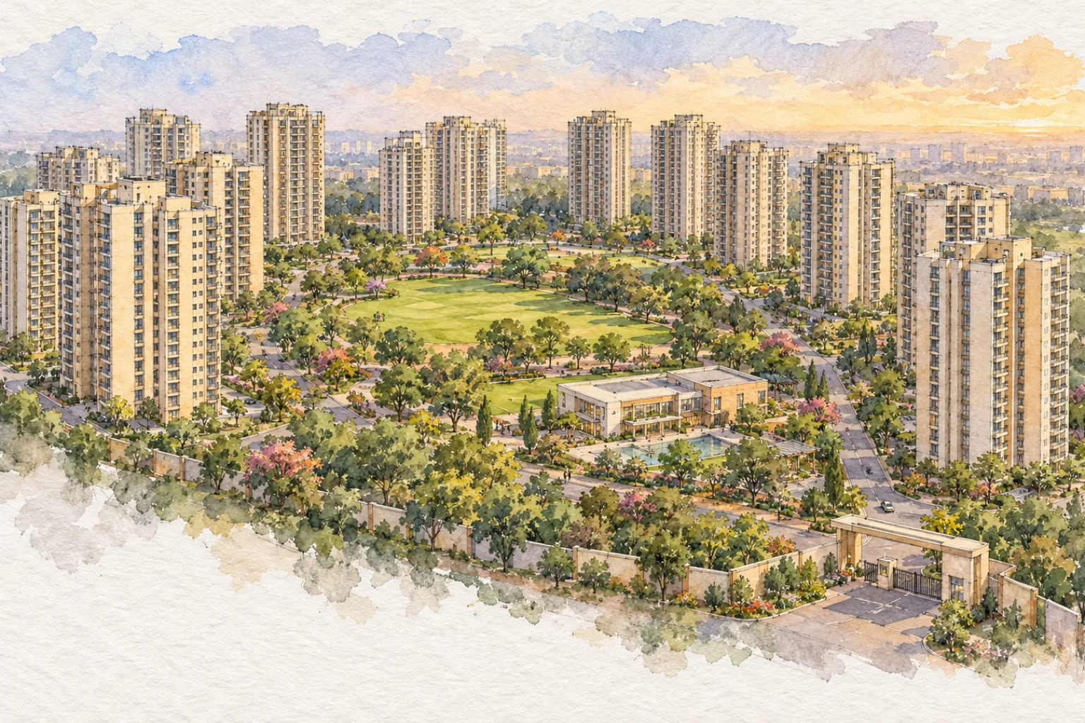 Watercolour illustration of Unitech Uniworld Gardens (not the actual project)
