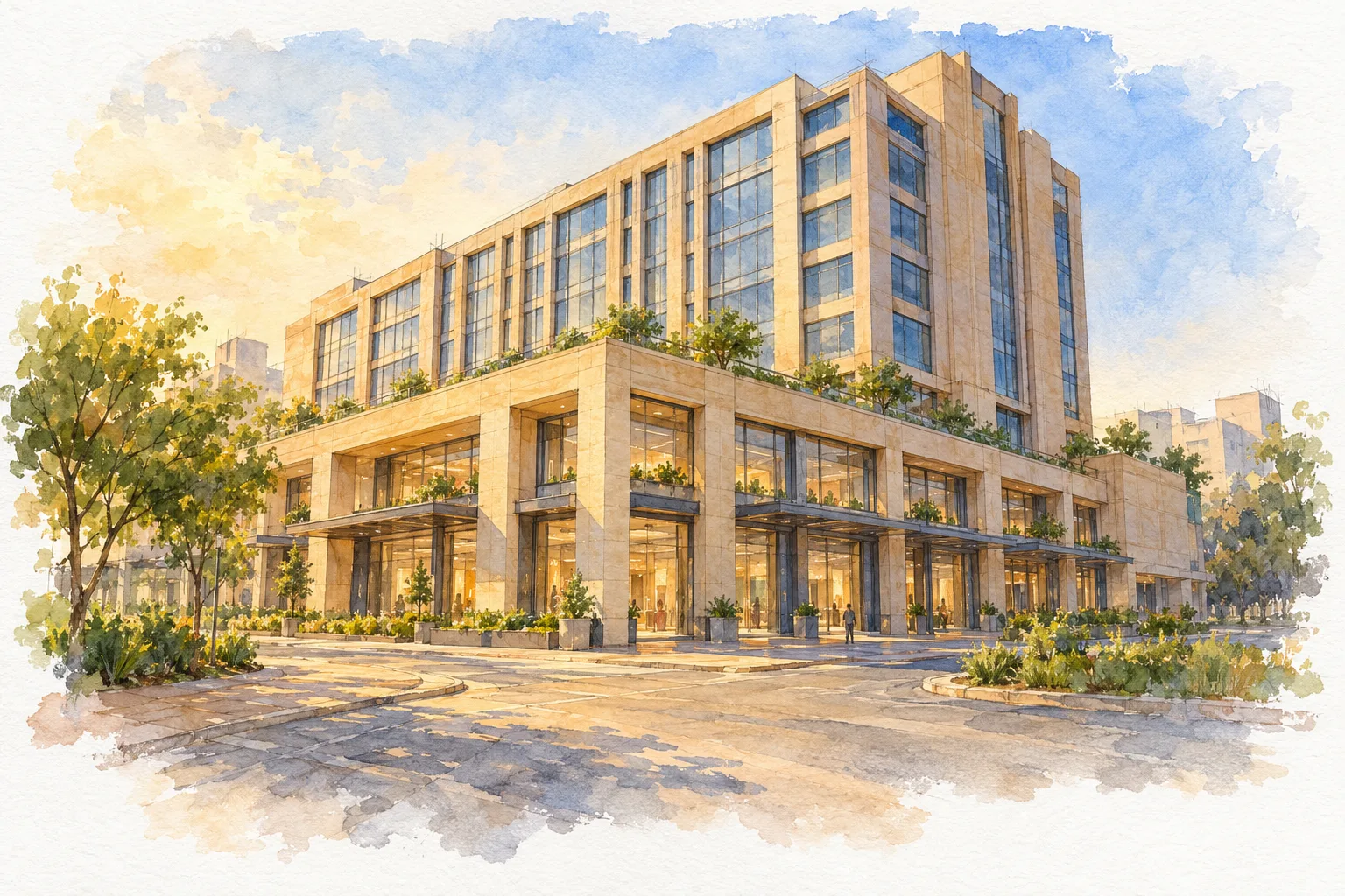 Watercolour illustration of Unity City Heights Centre (not the actual project)