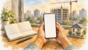 Watercolour illustration of hands with a phone and passbook beside a model house, a crane outside