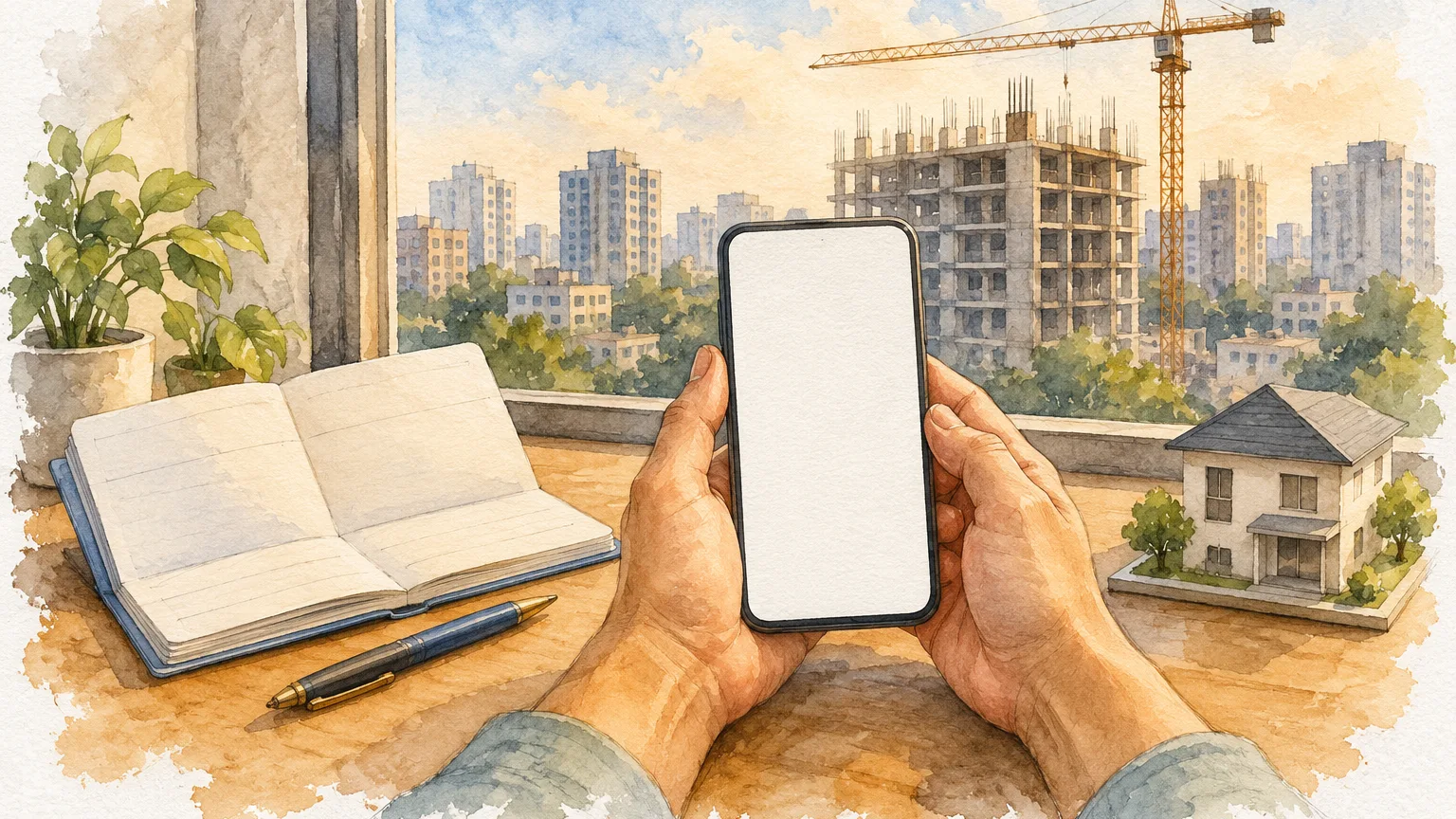 Watercolour illustration of hands with a phone and passbook beside a model house, a crane outside