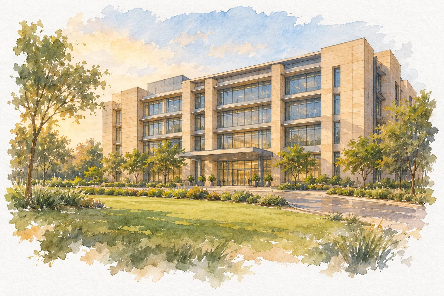 Watercolour illustration of Urbtech IT Office Okhla Phase II (not the actual project)