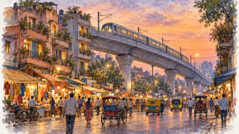 Watercolour illustration of a metro train on a viaduct above a busy market street at dusk