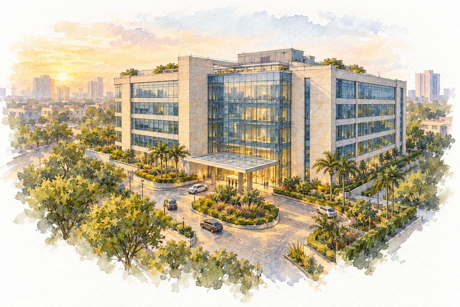 Watercolour illustration of Vatika Business Park (not the actual project)
