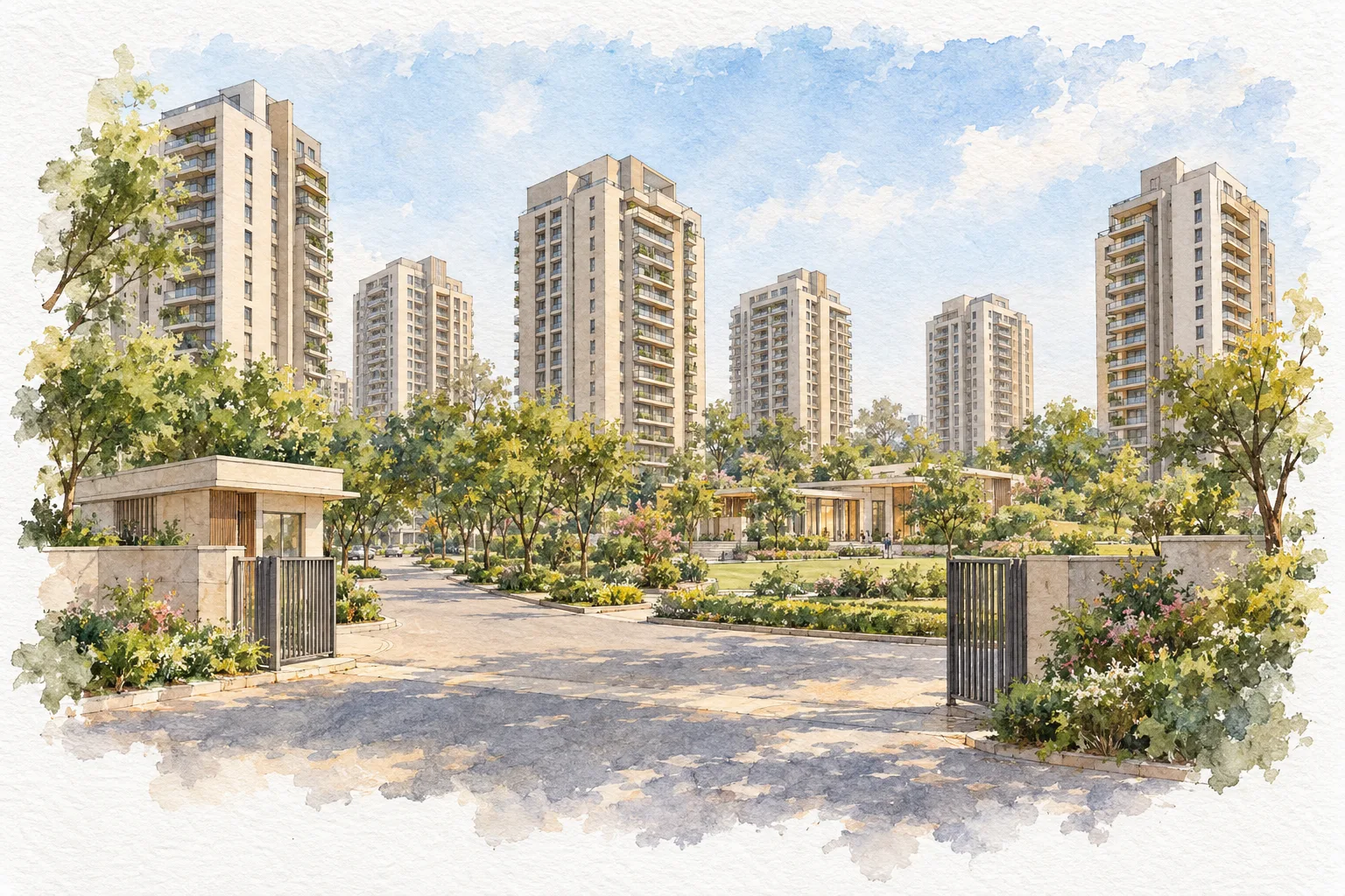 Watercolour illustration of Vatika Tranquil Heights (not the actual project)
