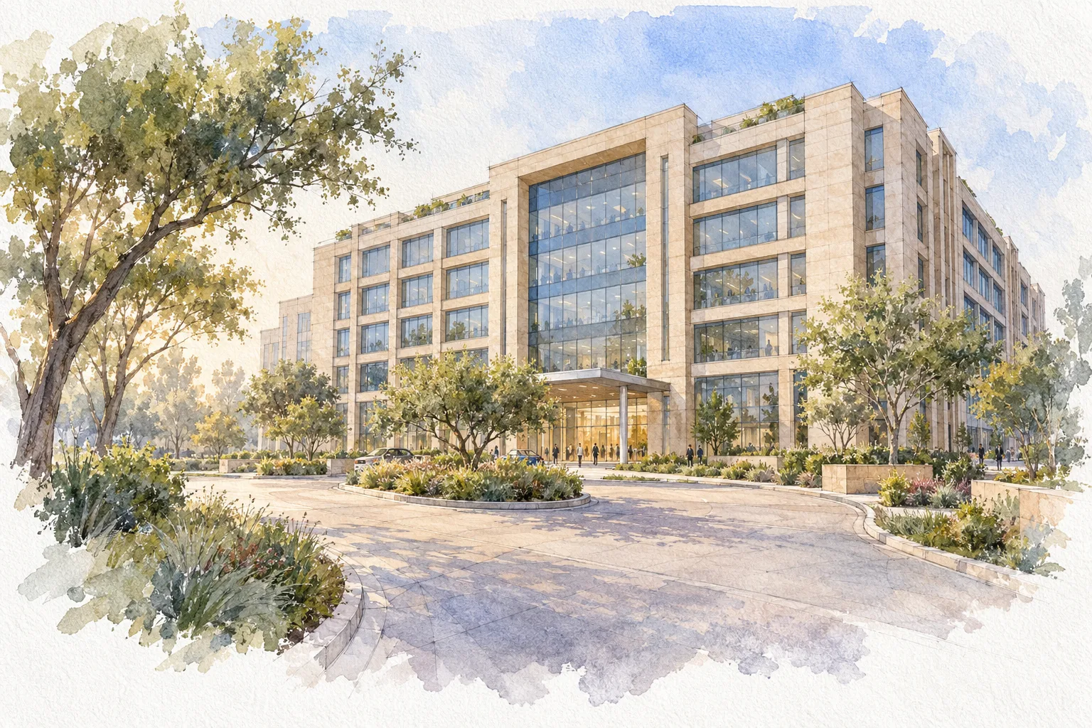 Watercolour illustration of Vipul Tech Square (not the actual project)