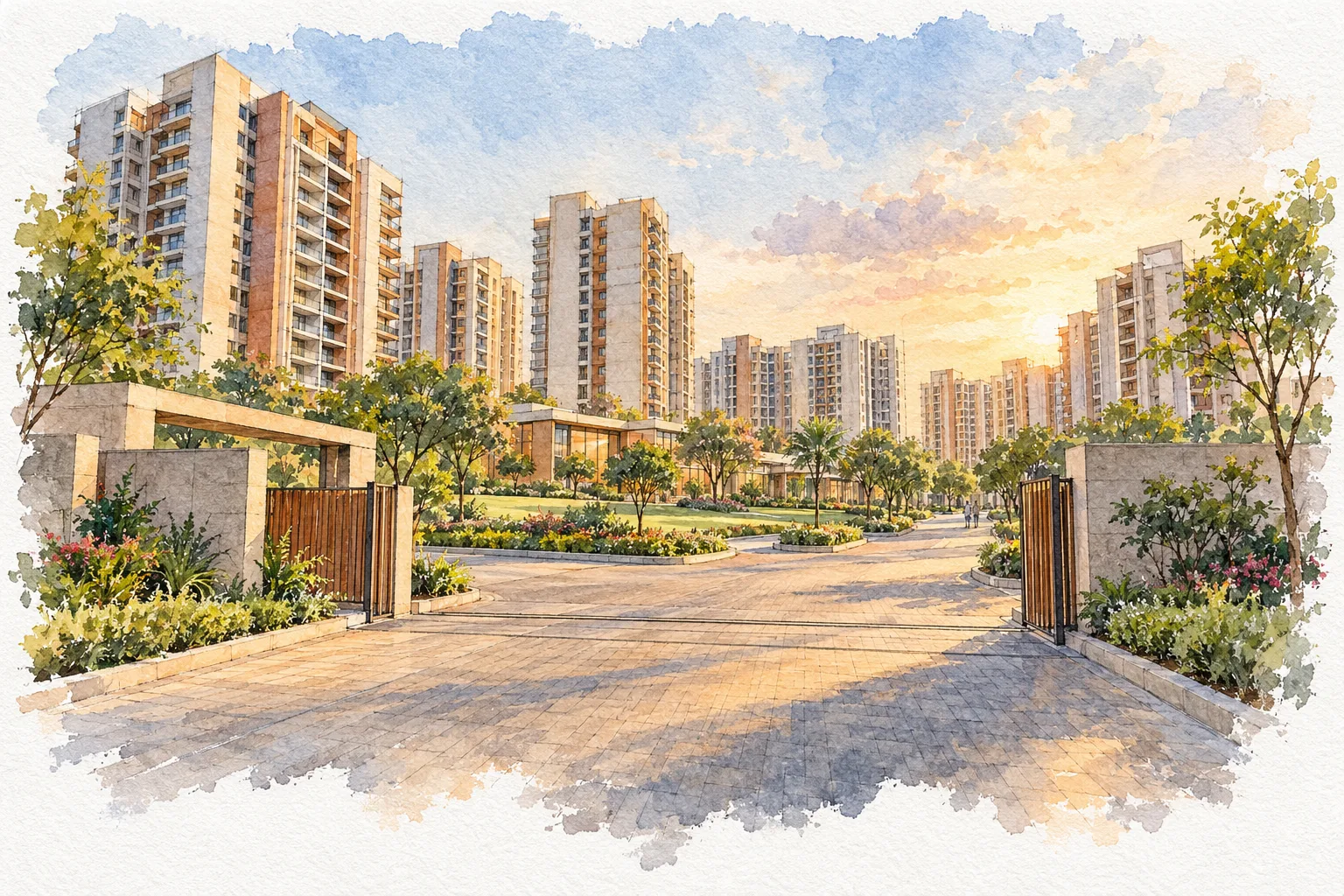 Watercolour illustration of Vipul World (not the actual project)