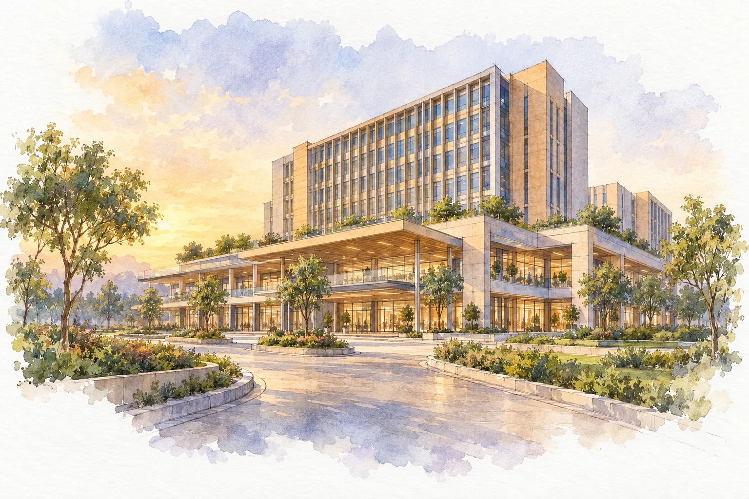 Watercolour illustration of World Trade Centre Nauroji Nagar (not the actual project)