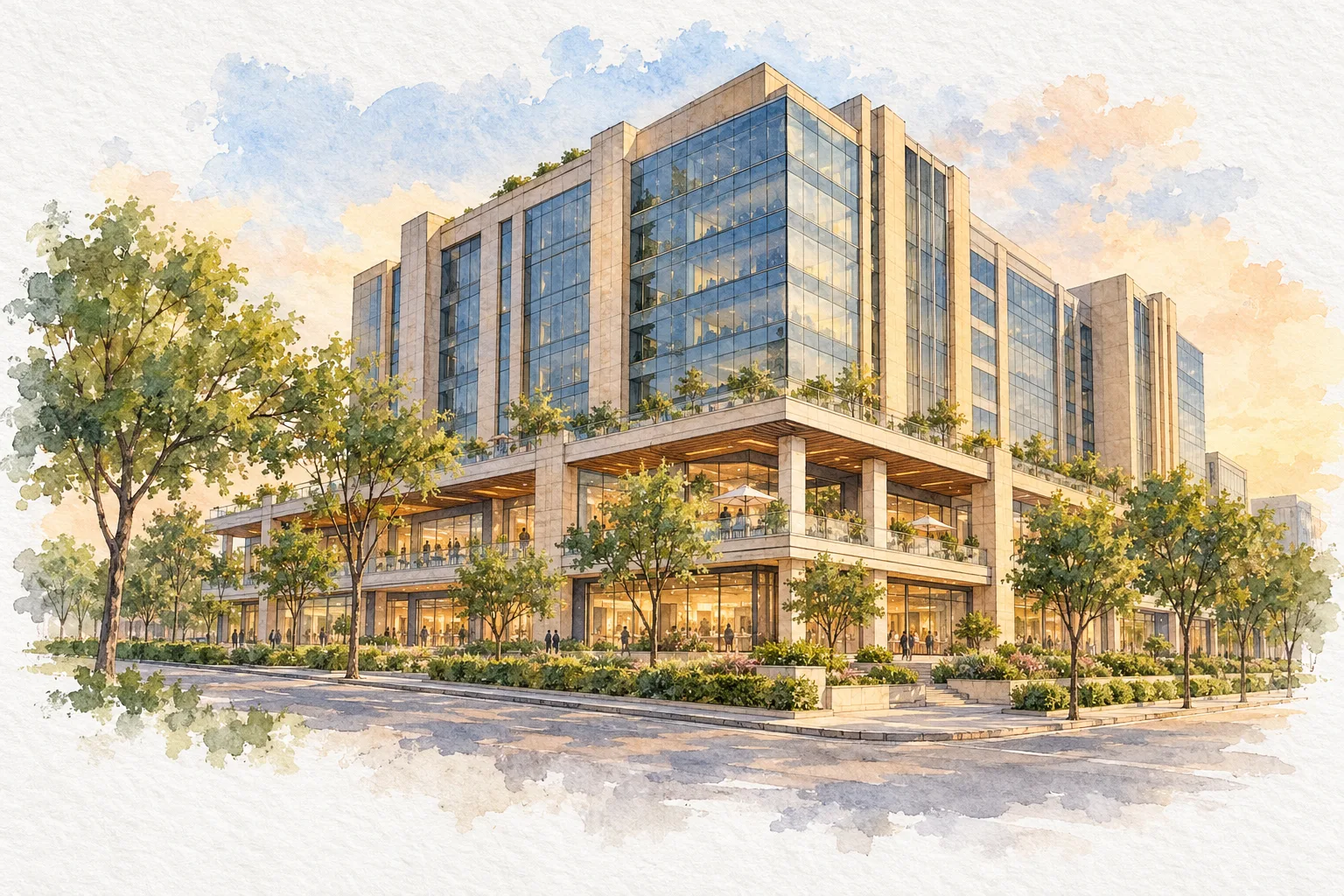 Watercolour illustration of Worldmark Gurugram (not the actual project)