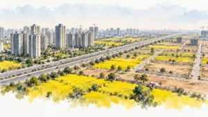 Watercolour illustration of an expressway through mustard fields between towers and empty plots