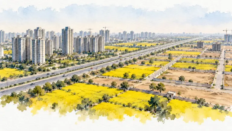 Watercolour illustration of an expressway through mustard fields between towers and empty plots