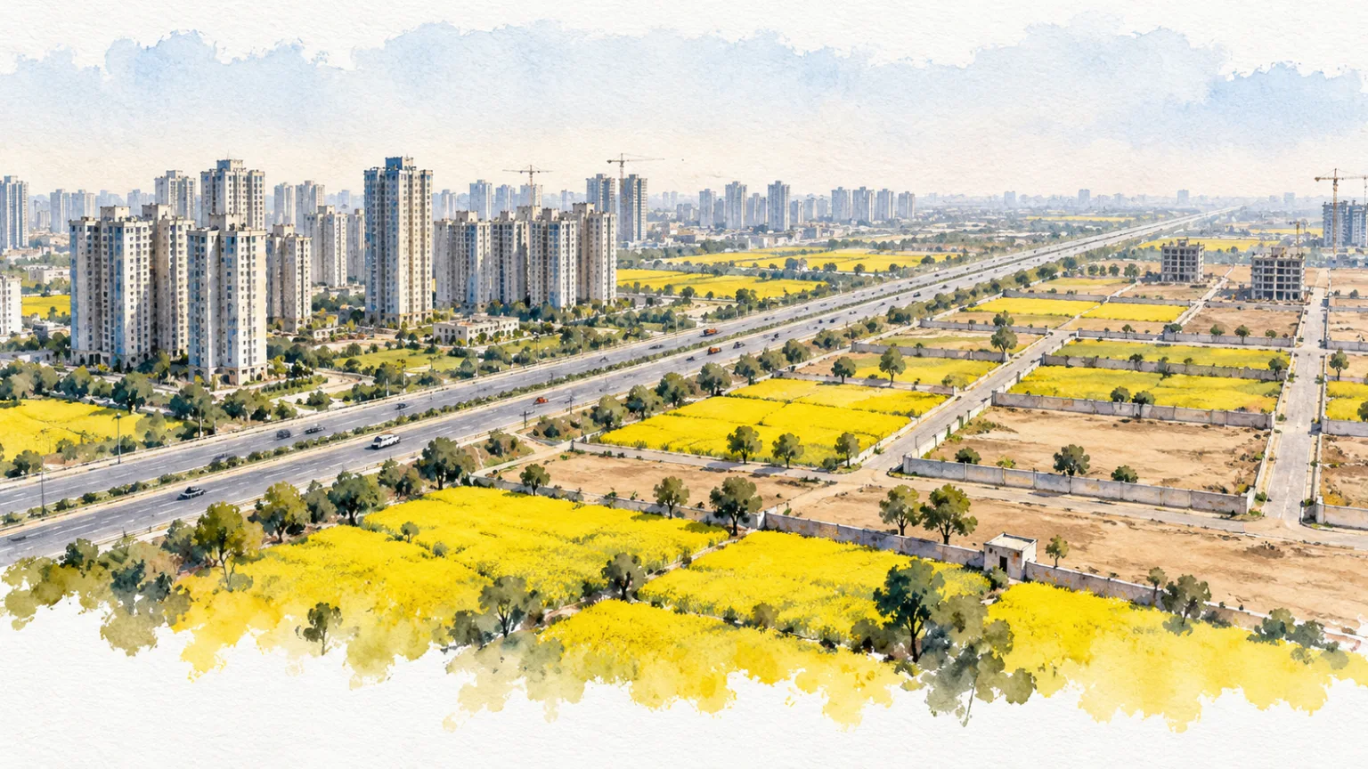 Watercolour illustration of an expressway through mustard fields between towers and empty plots
