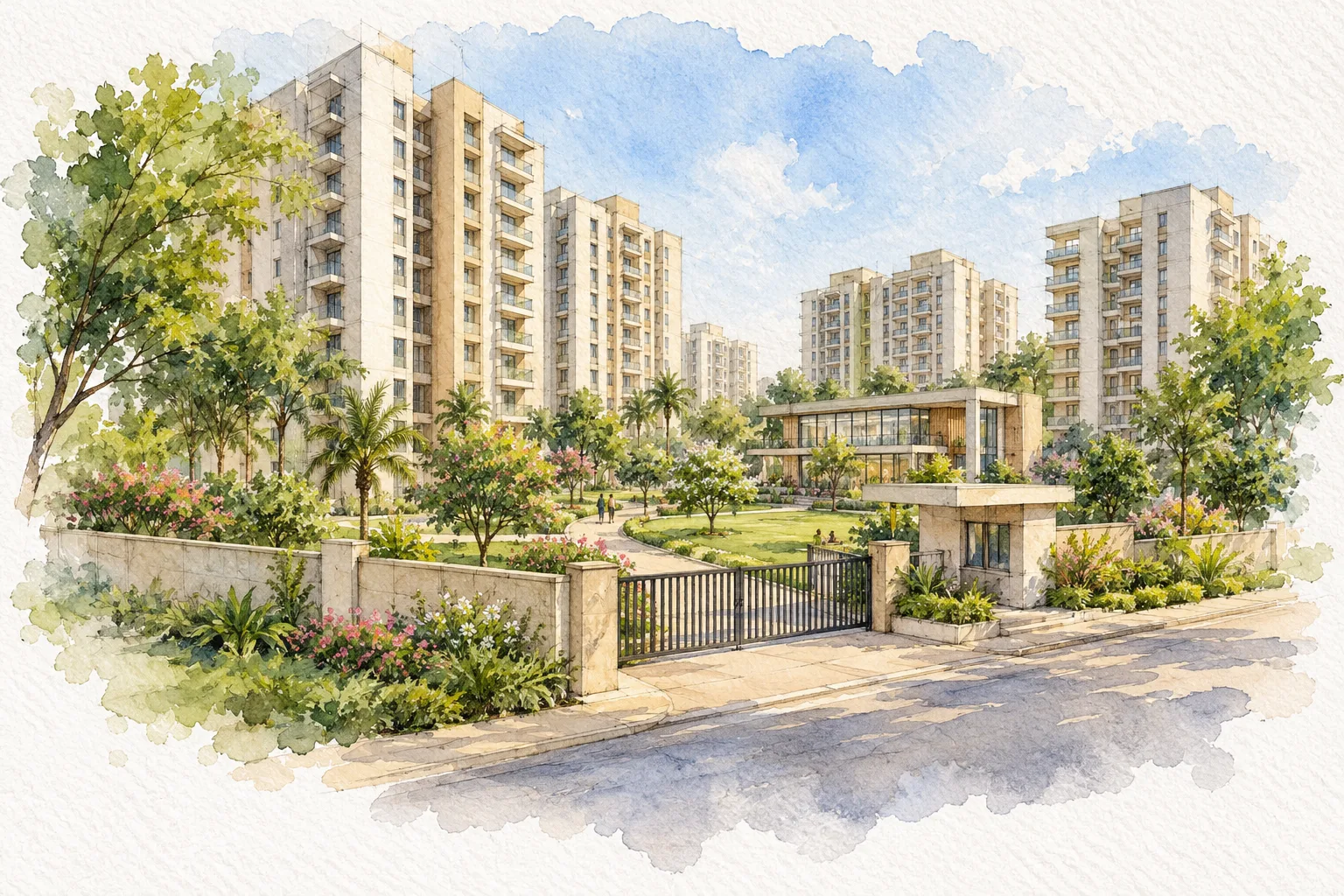 Watercolour illustration of Yashika Green Square (not the actual project)
