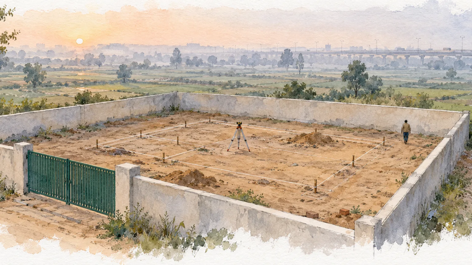 Watercolour illustration of an empty walled plot with string lines and a surveyor's tripod