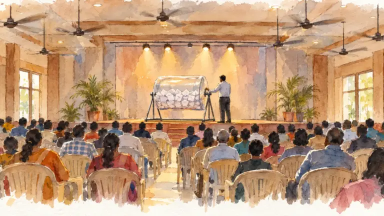 Watercolour illustration of families watching a draw with a transparent drum on stage