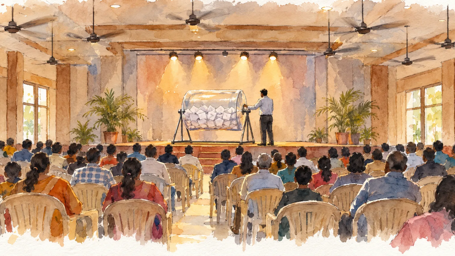Watercolour illustration of families watching a draw with a transparent drum on stage